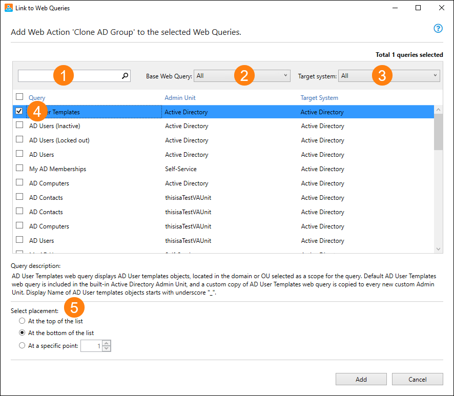The Link to Web Queries dialog in Cayosoft Administrator