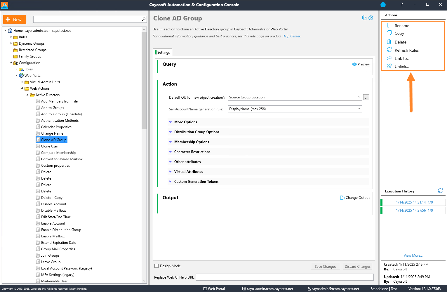 The action section in web actions in Cayosoft Administrator