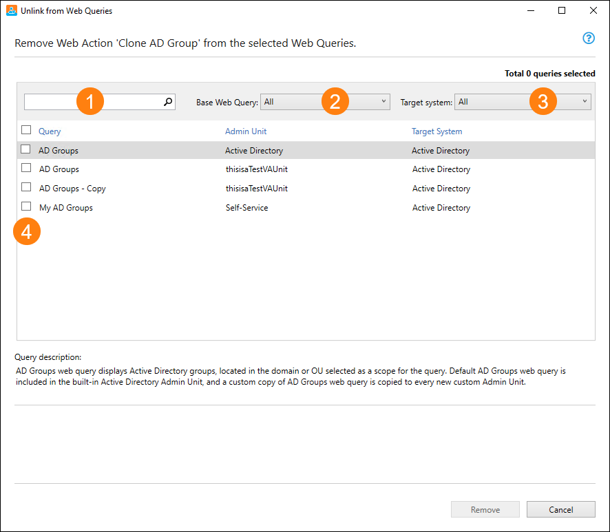 The Unlink from Web Queries dialog in Cayosoft Administrator