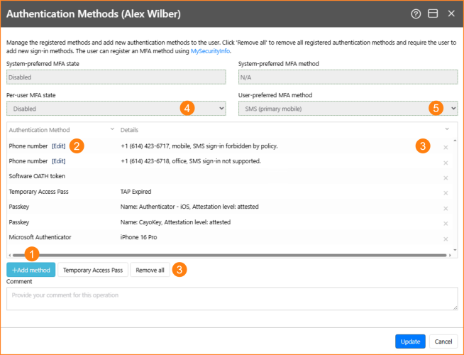 Authentication Methods action dialog in the Cayosoft Administrator Web Portal