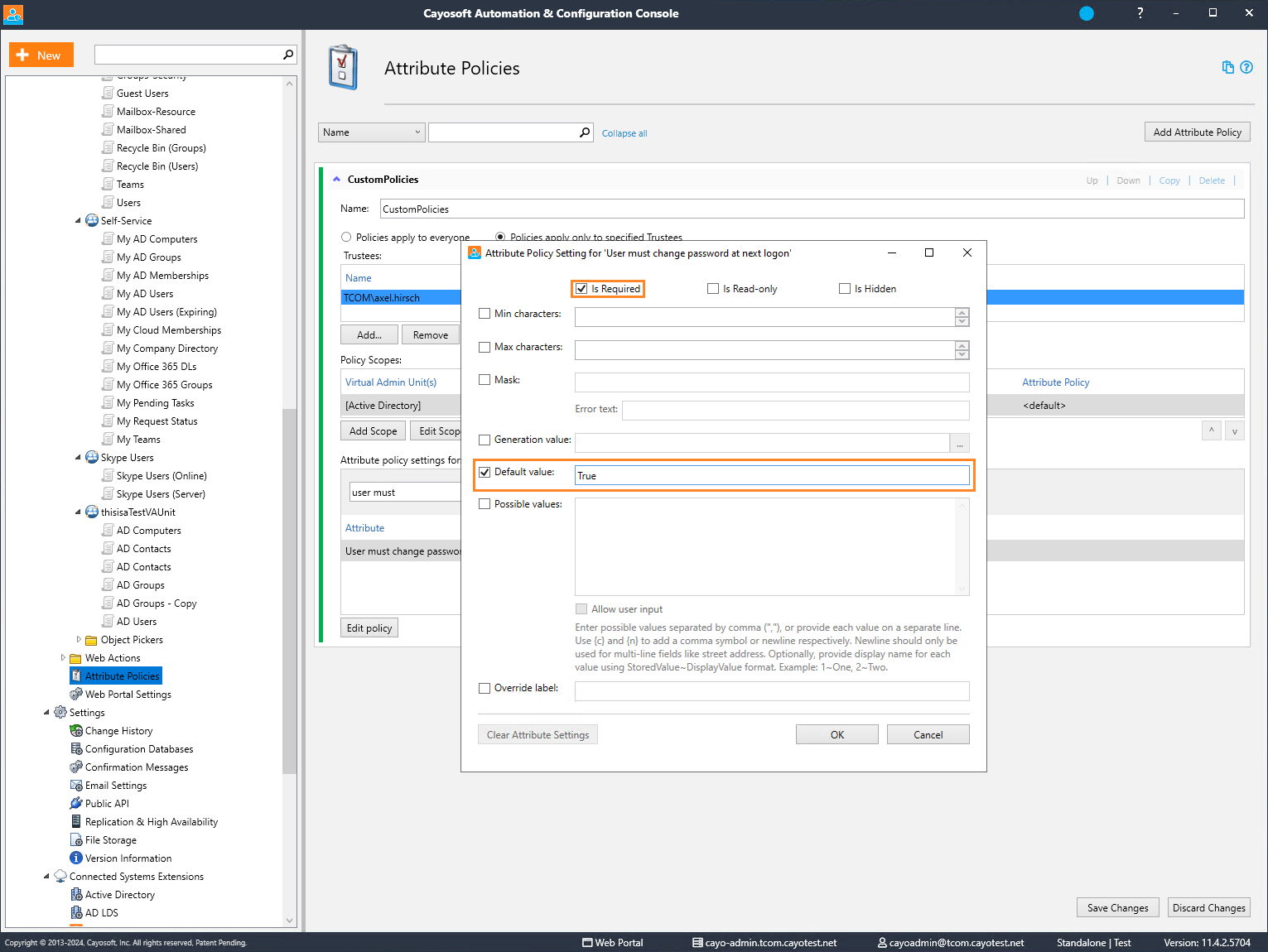 Setting up forced password change for new users in Cayosoft Administrator