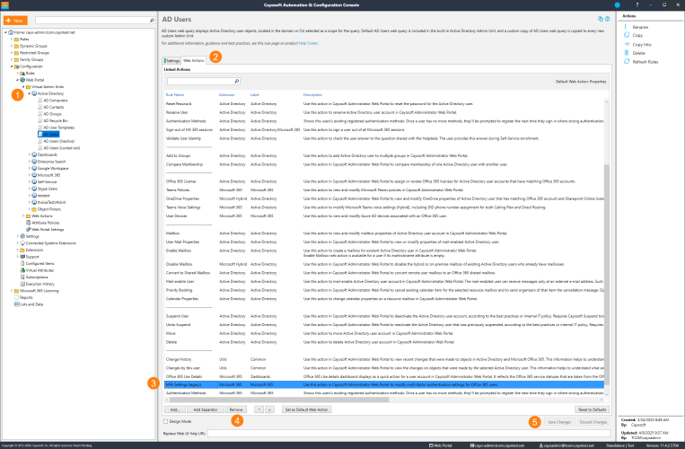 Console window showing the unlinking of the MFA Settings web action in Cayosoft Administrator v11.4
