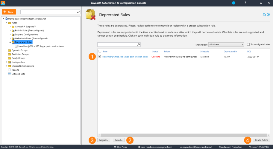 The Deprecated Rules node in Cayosoft Administrator Console
